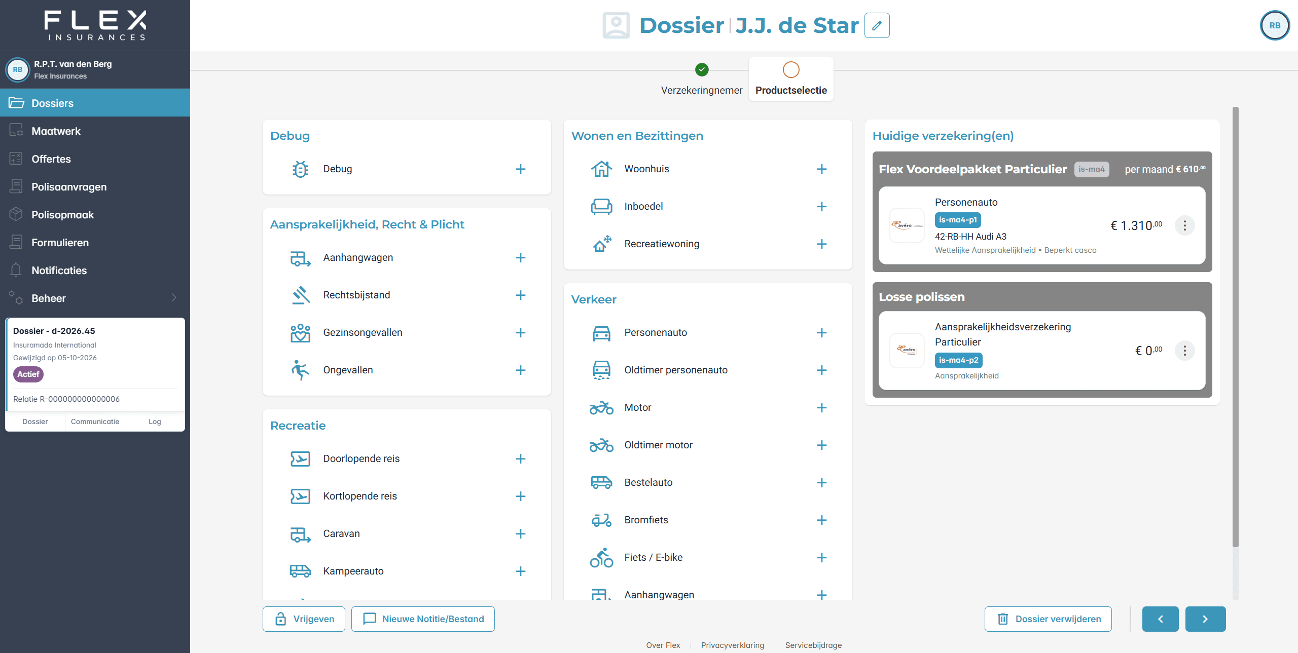 SIX scherm: productselectie in een dossier
